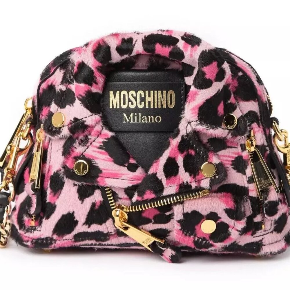 SOLD! AW21 MOSCHINO Couture Jeremy Scott Pink Leopard Biker Jacket Wristlet Bag